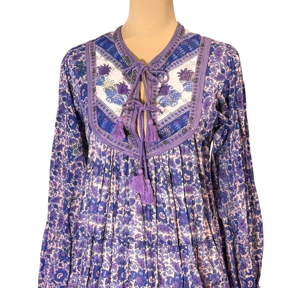 Blue Boheme Tiered Floral Dress Sz.S Purple Tassels Peasant Boho Festival - Picture 4 of 15